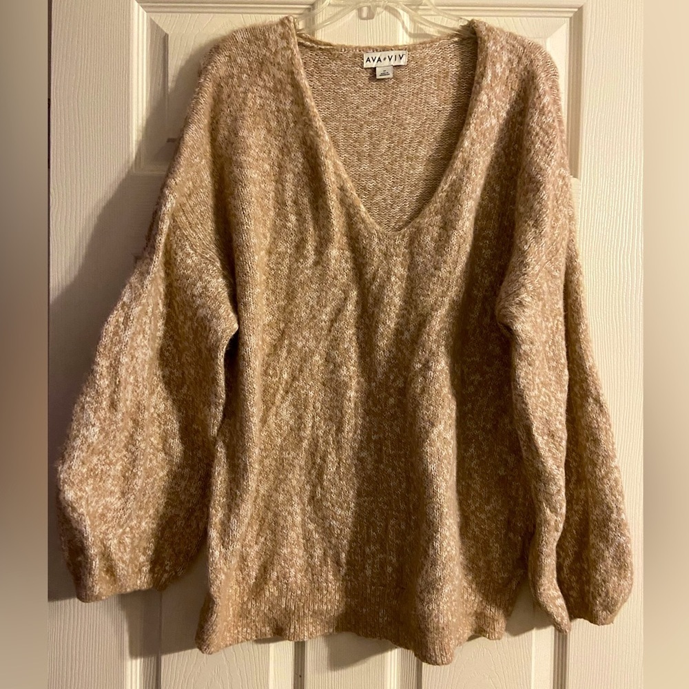 Ava & Viv Sweater Womens 1X V-Neck Balloon Long Sleeve Chenille Gold Brown
